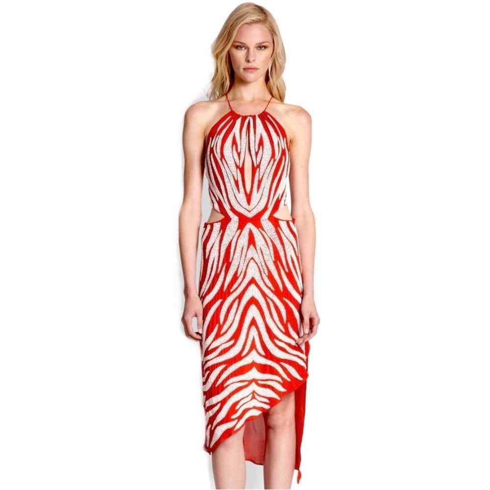 HAUTE HIPPIE CUTOUT BEADED SILK MIDI DRESS